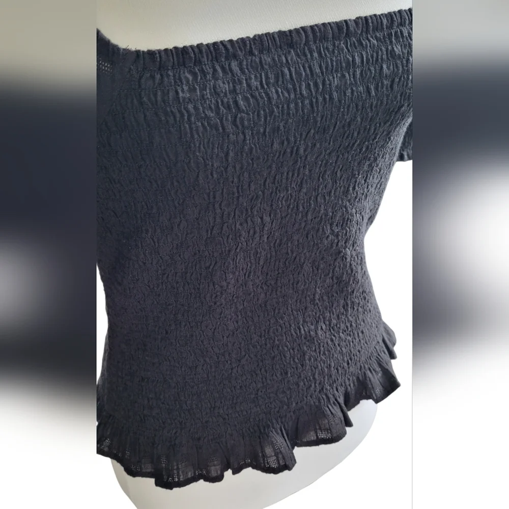 Madewell Lucie Puff-Sleeve Smocked Bodice Top, Black, Romantic, Boho, Women's XS